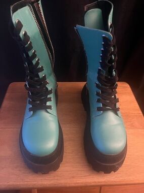 Dolls Kill Teal Lace-Up Platform Combat Boots
